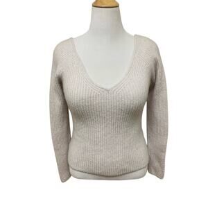 Banana Republic Wool Yak Hair Blend Ribbed V-Neck Sweater - Ivory Luxe Knit